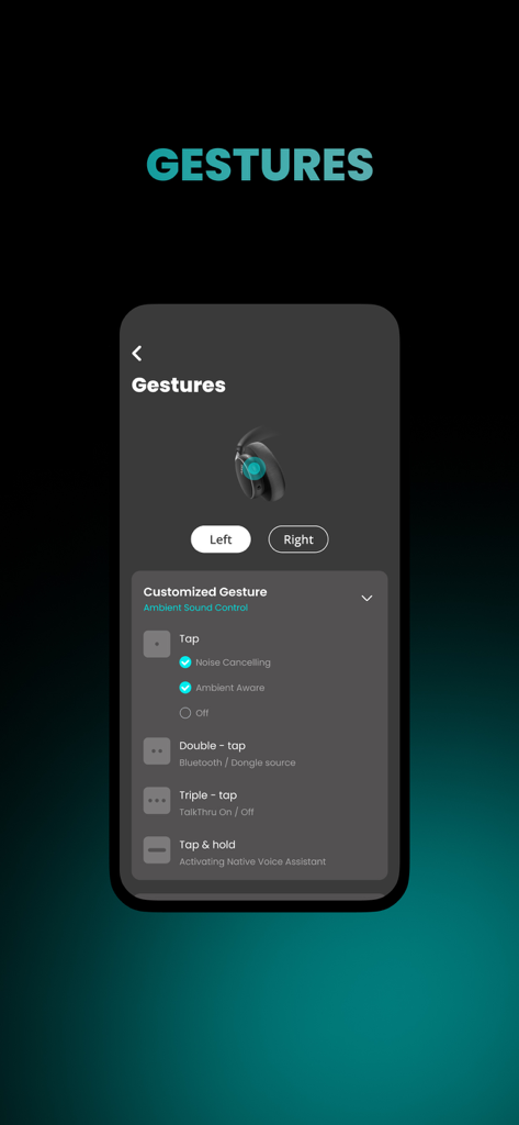 AKG Headphones app interface for customizing touch gestures and ambient sound controls