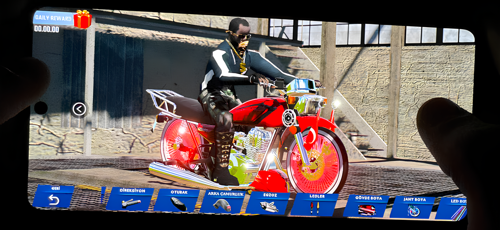 CG Moto Online - Motorcycle - A red customized motorcycle with a rider in the game garage menu showing various modification options