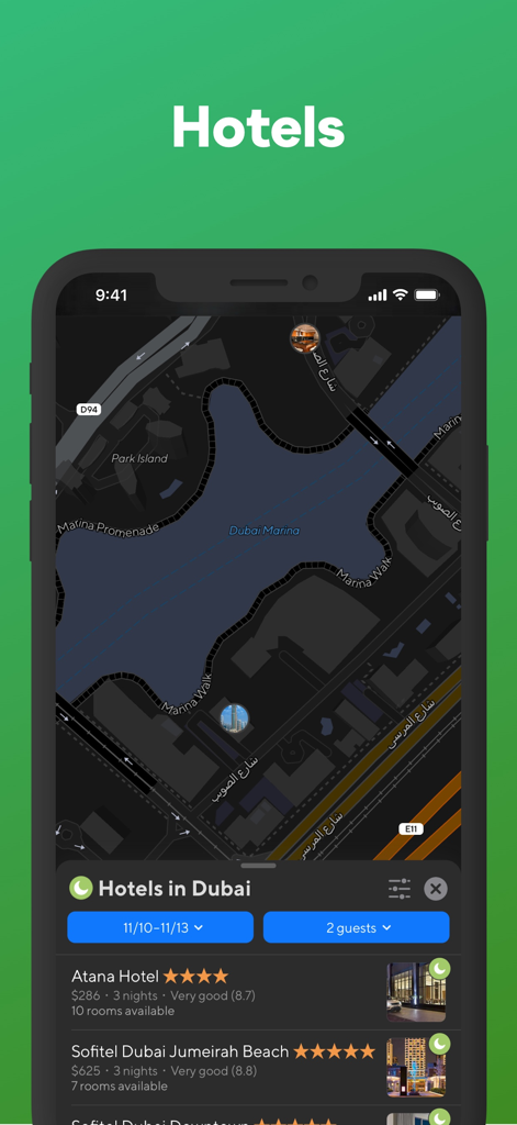 Tripomatic app interface showing hotel listings and a map of Dubai Marina