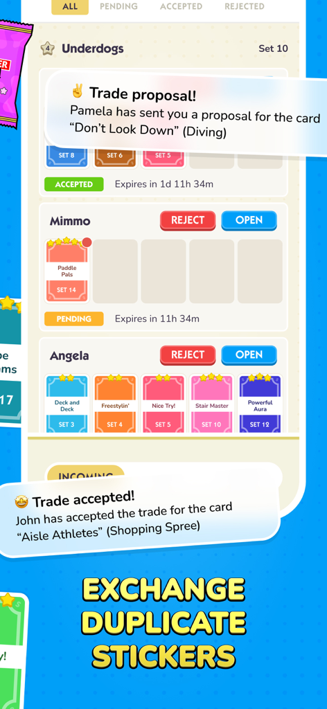 Sticker GO! - Interface do aplicativo Sticker GO mostrando propostas de troca de figurinhas ativas e trocas aceitas entre jogadores