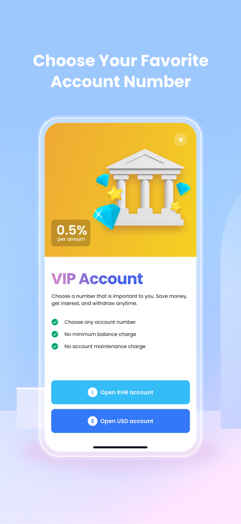 Vattanac Bank mobile app interface for opening a VIP Account with options to choose an account number and open in KHR or USD