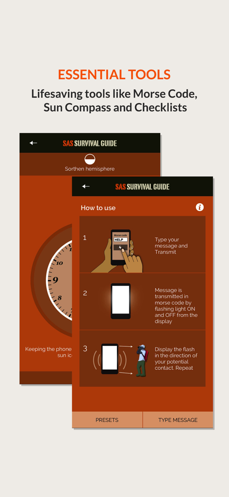 SAS Survival Guide - Lite - SAS Survival Guide app interface showing Morse code and sun compass tools
