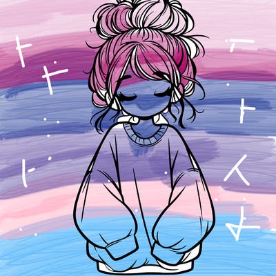 girl with baggy sweatshirt and messy bun