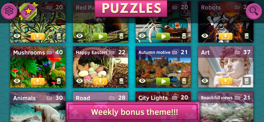 Bibliothek mit Puzzle-Themen wie Pilzen, Kunst, Tieren und Landschaften in der Jigsaw Puzzle Spiele Klassisch App.