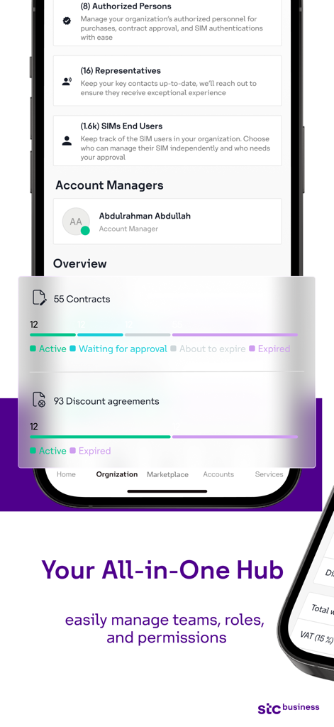 Dashboard dell'app stc business per la gestione di team, ruoli e autorizzazioni organizzative