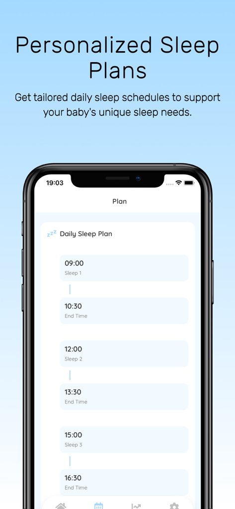 Baby Sleep Tracker: Routine - Smartphone screen displaying a customized daily sleep schedule for a baby within the Baby Sleep Tracker app.