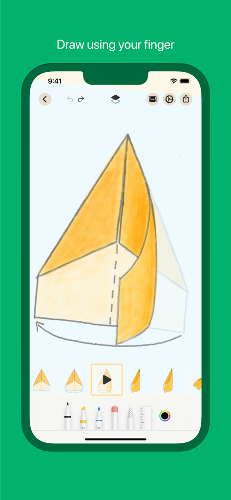 FlipKit app interface showing a hand-drawn animation sequence with frames and digital drawing tools