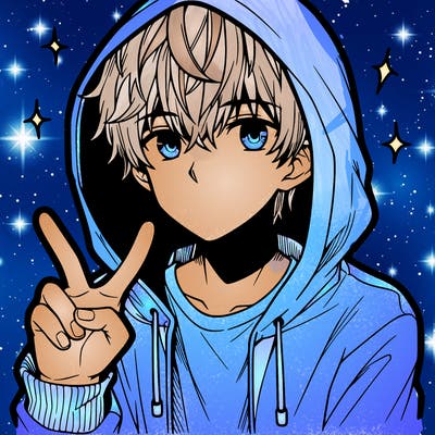 teenage manga boy in a hoodie, doing ✌