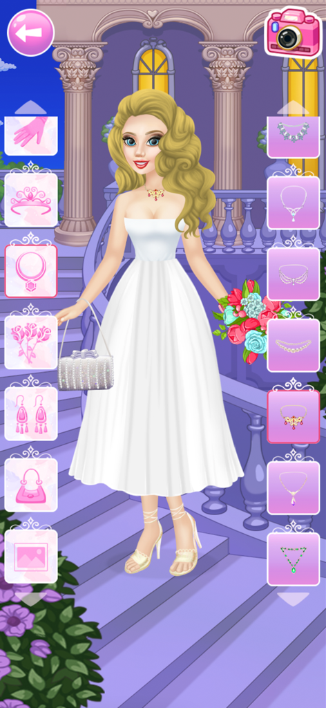 Uma personagem de noiva loira em um vestido de casamento branco com menus de seleção de acessórios em um jogo de estilismo