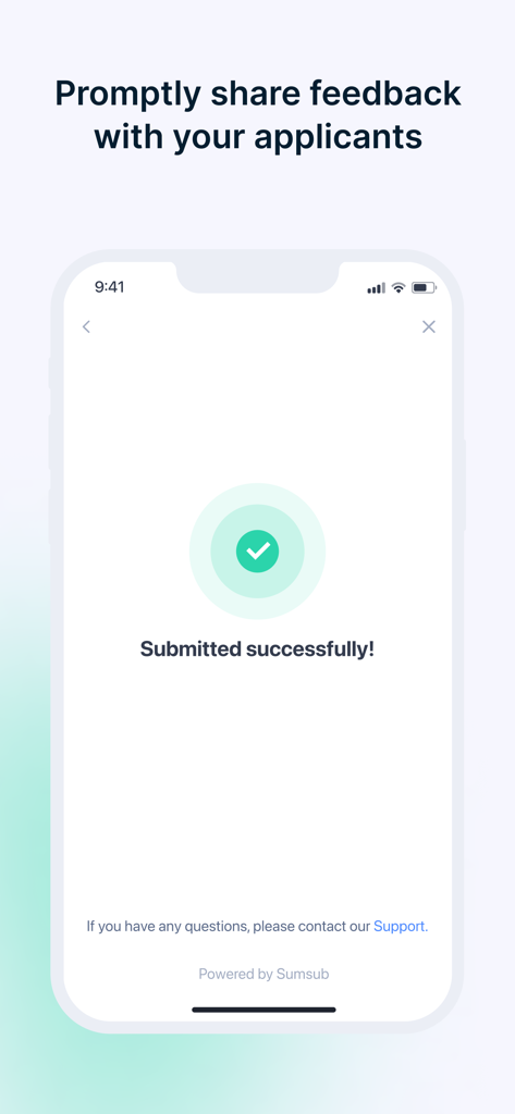 Success confirmation screen for applicant feedback in the Sumsub for Business app