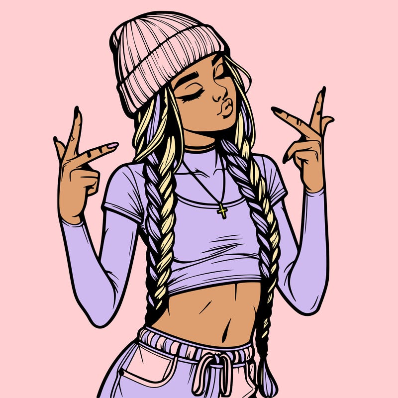 realistic teenage girl with braids and a beanie and crop top doing 🫶🏼