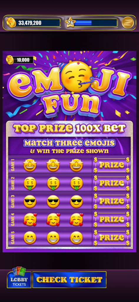 Lottery Scratchers - Emoji Fun scratch off game screen showing five rows of matching emojis and potential prizes