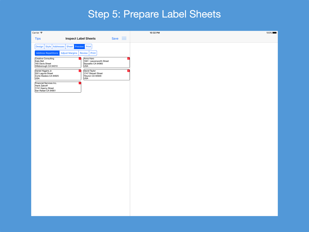 Address Label Creator app interface showing the prepare label sheets step with address previews on an iPad.