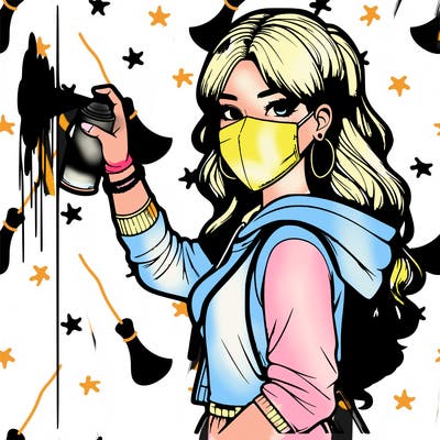 realistic girl with mask spray painting a wall