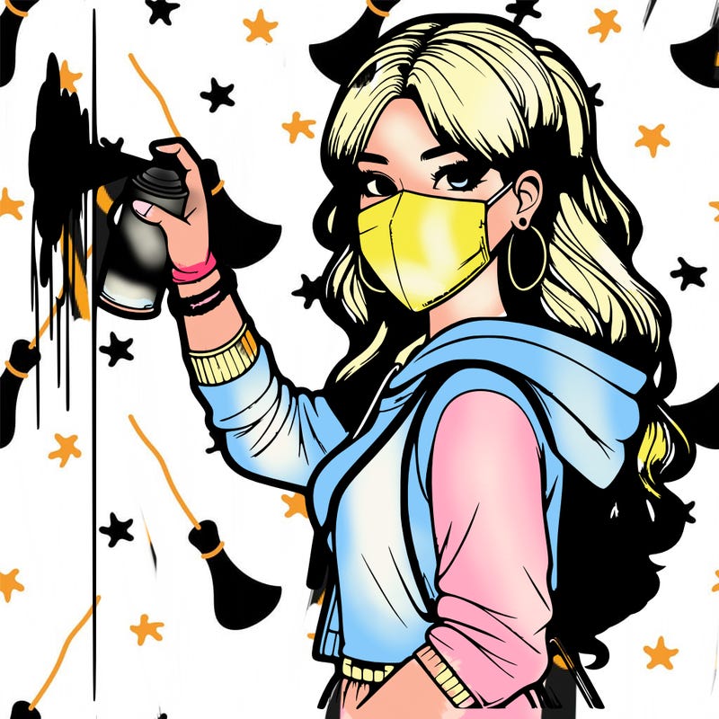 realistic girl with mask spray painting a wall