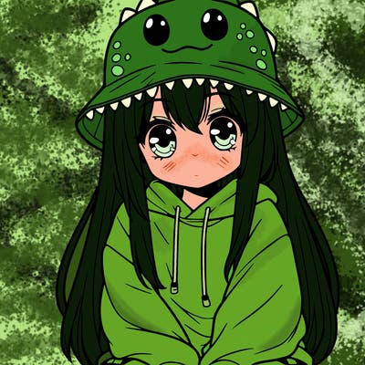 girl with anime shaped eyes with a dinosaur bucket hat oversized sweatshirt long straight hair