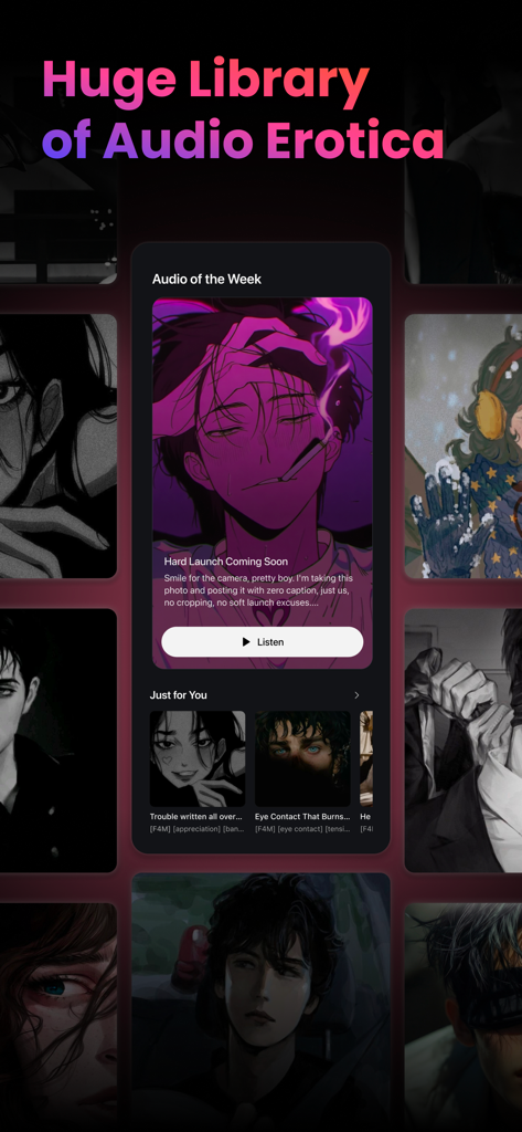 LucidFM app screen showing a curated library of romantic audio erotica with diverse character illustrations