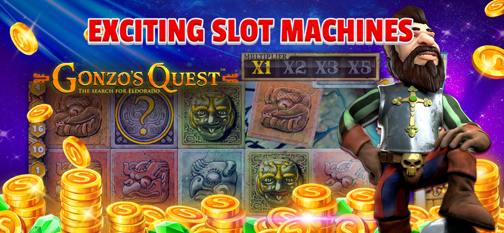 Exciting slot machines promo featuring Gonzo's Quest and stacks of gold coins