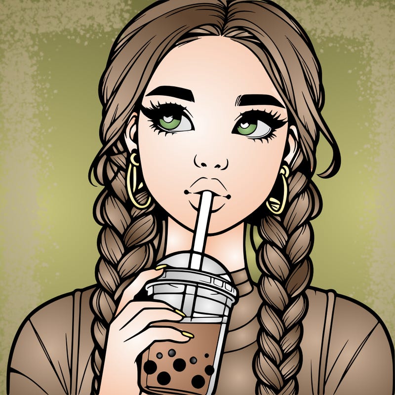 realistic girl with braided hair drinking boba