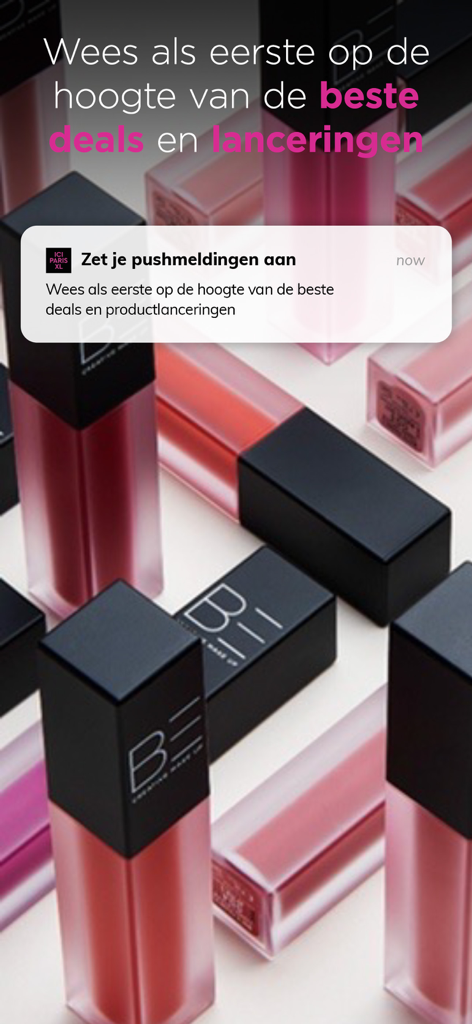 Écran de l'application ICI PARIS XL montrant une notification push pour des offres beauté exclusives et des lancements de produits