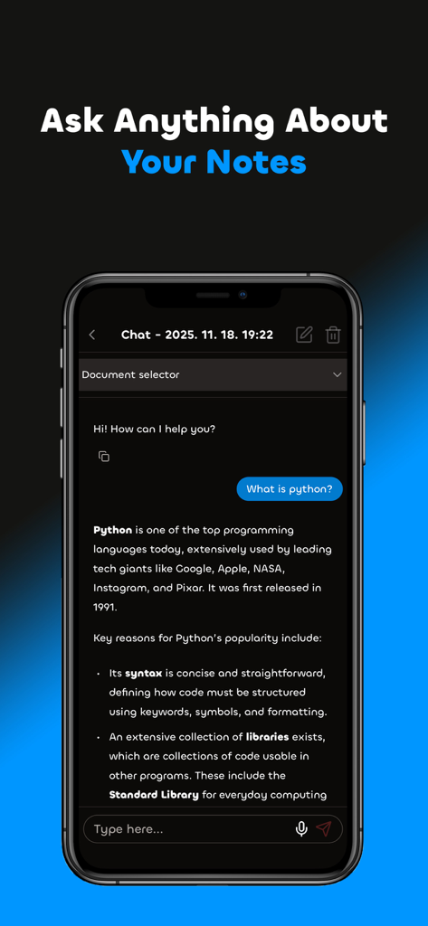 Skillion: Study Smarter - Pantalla de la aplicación móvil que muestra la función de chat de IA de Skillion, donde un estudiante hace una pregunta sobre apuntes de Python.