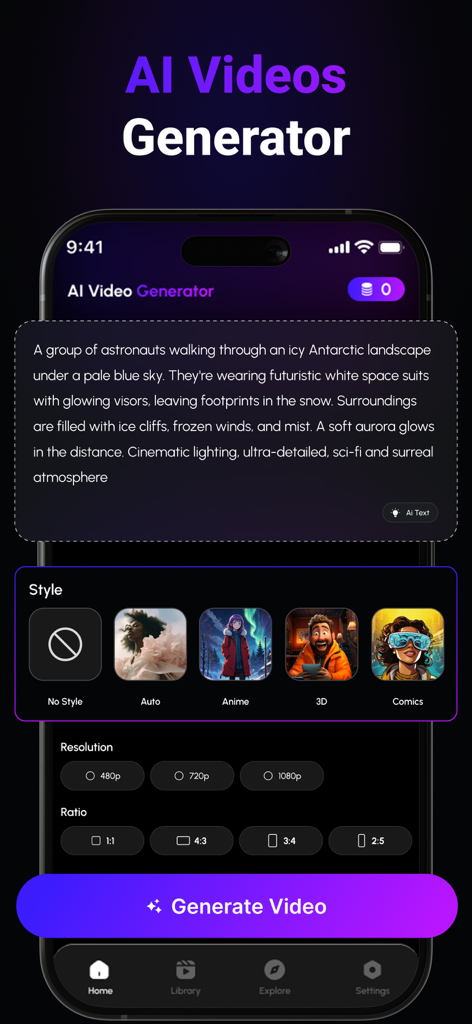 AI Video Generator & AI Maker - AI video generator interface showing a text prompt box and video style options like Anime and 3D