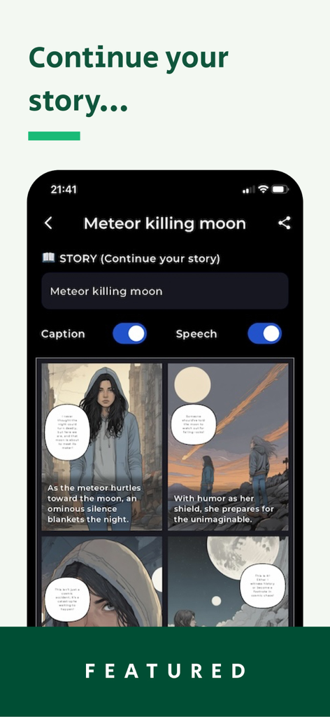 Un'interfaccia di un'app mobile che mostra pannelli di fumetti generati da AI con didascalie e fumetti.