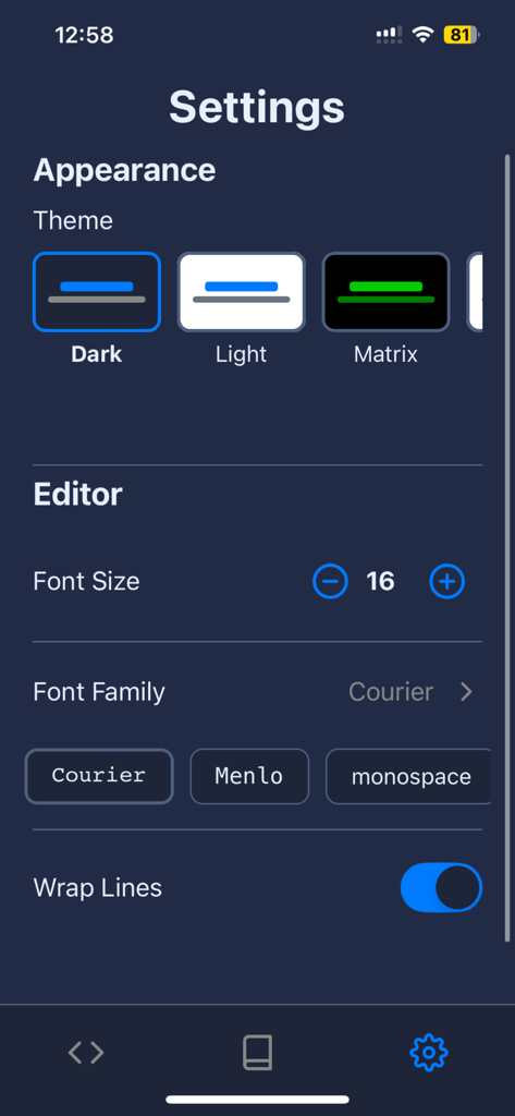Python Sandbox - Settings screen of the Python Sandbox app showing appearance themes and editor customization options like font size and family