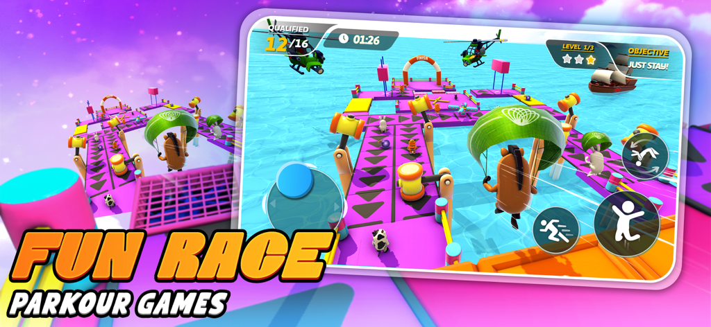 Animal Fall.io - Animal characters racing through a colorful 3D obstacle course with parachutes in Animal Fall.io.