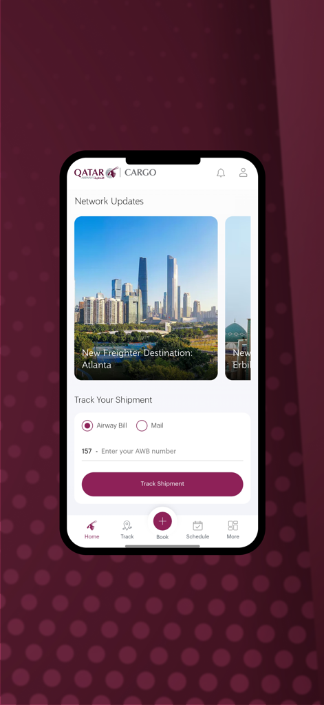 QR Cargo mobile app interface for tracking shipments and viewing network updates