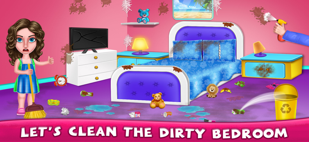 Messy House Cleaning Games - Garota de desenho animado em um quarto bagunçado com sujeira e teias de aranha que precisam ser limpas.