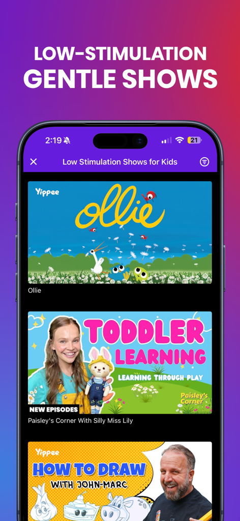 Yippee TV: Christian Kids App - Yippee TV app interface showing a collection of low stimulation gentle shows for kids