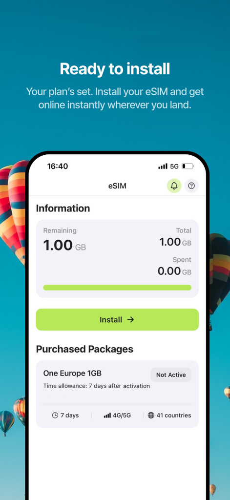 One Sim - Una interfaz móvil para la aplicación One Sim que muestra un paquete de datos de Europa de 1 GB listo para la instalación de eSIM con seguimiento del uso de datos.