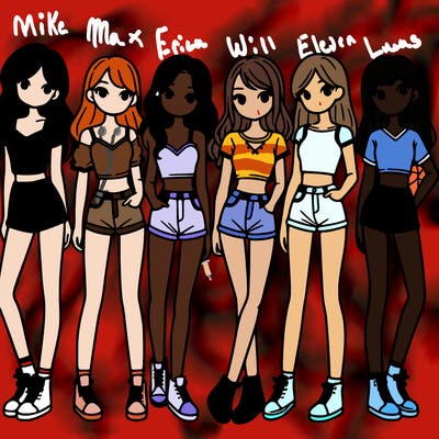 a group of girls wearing crop tops and shorts