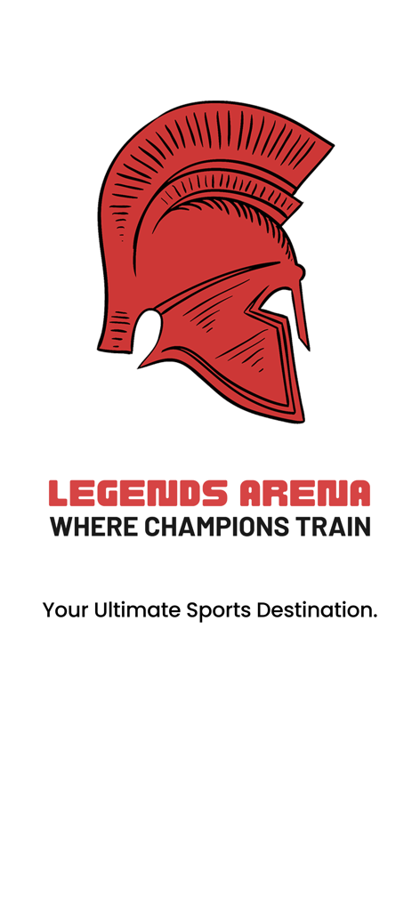 Legends Arena PK - Legends Arena PK app splash screen featuring a red Spartan helmet logo and sports slogans