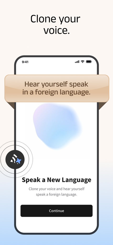 Owll Translator app screen showing the AI voice cloning feature to speak in a foreign language
