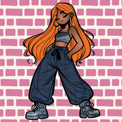 girl in baggy pants crop top and long hair