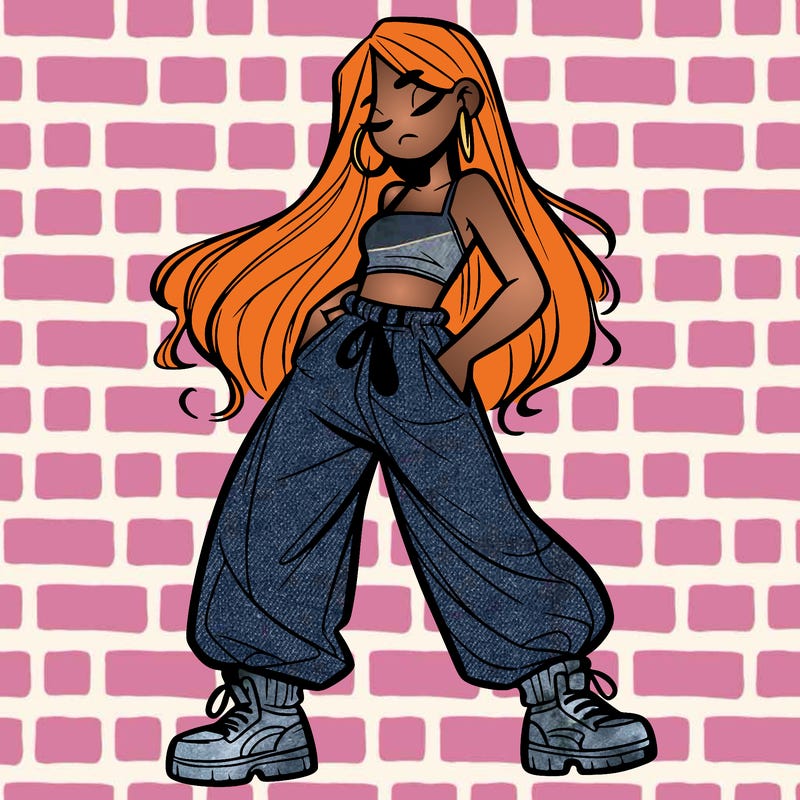 girl in baggy pants crop top and long hair