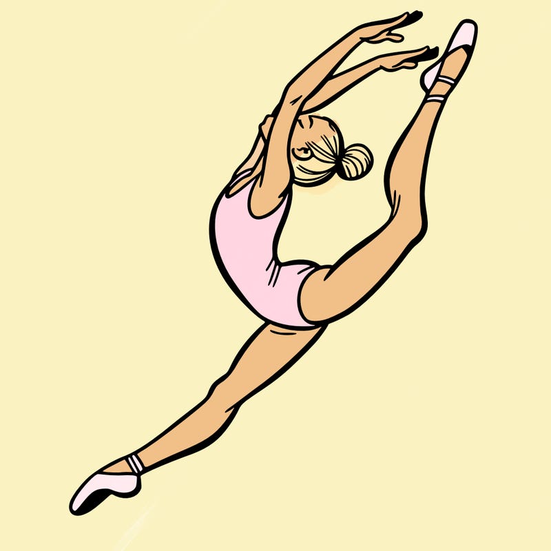 gymnast doing a leap in a leotard with a bent back leg