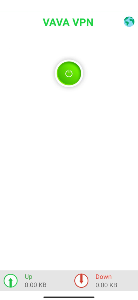 Vava VPN - Interfaz principal de la aplicación Vava VPN que muestra un gran botón verde de conexión y las velocidades de carga y descarga de datos