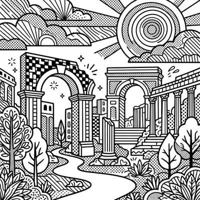 Embark on a captivating coloring adventure with this unique Roman Ruins design, infused with the energetic and iconic elements of Pop Art. This printable page offers a fresh perspective on ancient history, perfect for artists seeking a blend of classic and contemporary.