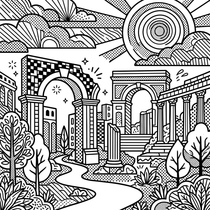 Embark on a captivating coloring adventure with this unique Roman Ruins design, infused with the energetic and iconic elements of Pop Art. This printable page offers a fresh perspective on ancient history, perfect for artists seeking a blend of classic and contemporary.