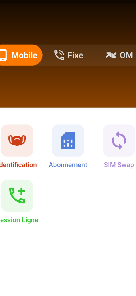 Interfaz de la aplicación Kaabu Orange Senegal que muestra iconos de servicios móviles para suscripción de identificación y cambio de SIM.