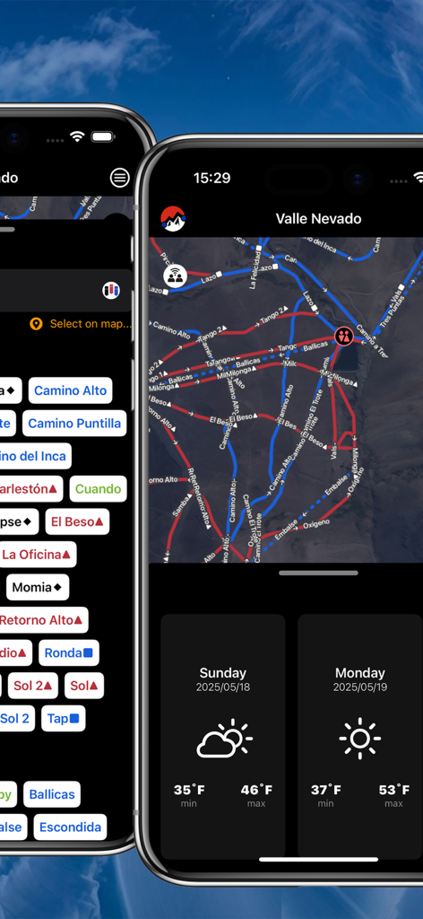 Valle Nevado Ski - Valle Nevado Ski app interface displaying a resort trail map and weather forecast on two mobile devices