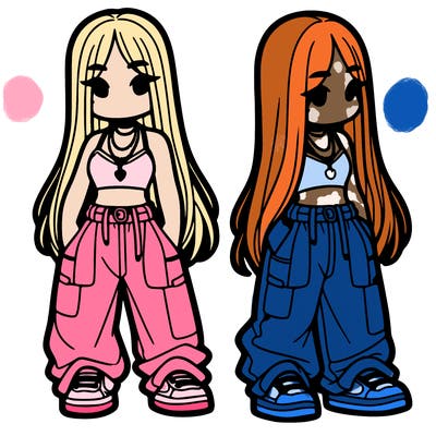 girl in baggy pants crop top and long hair