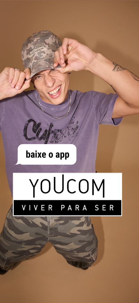 Young man in streetwear posing for Youcom fashion app advertisement