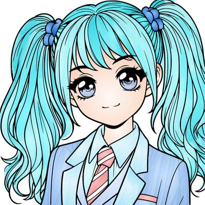 realistic girl with two ponytails and a suit on