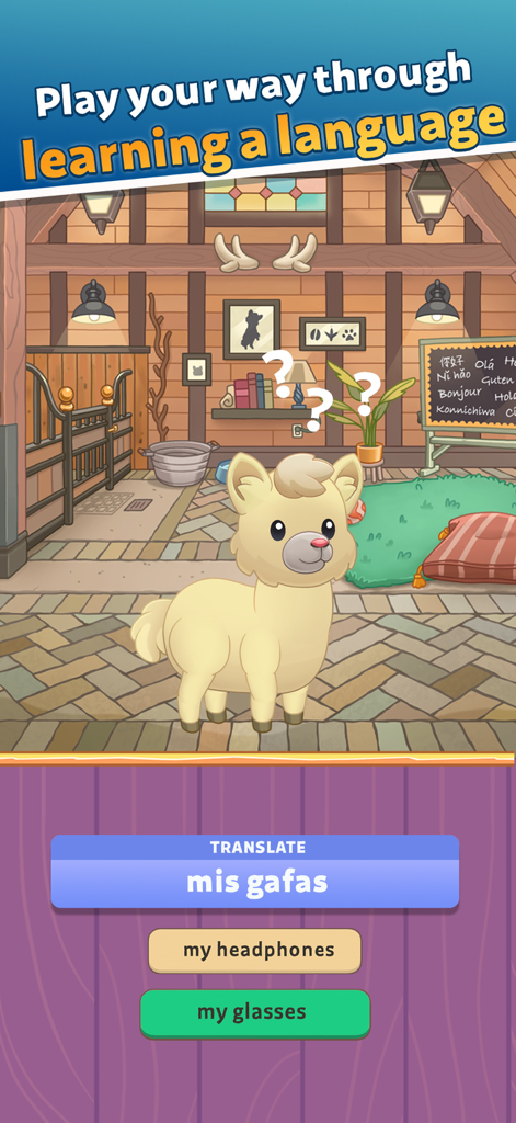 Lingo Legend Language Learning - Lingo Legend gameplay showing a Spanish translation quiz with a cute alpaca character in a cozy room.
