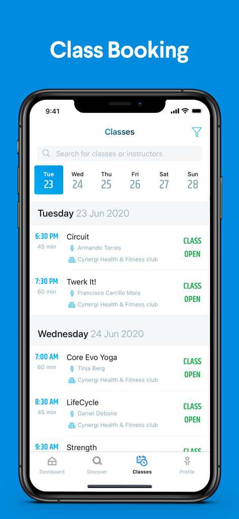 Cynergi - Mobile app interface for booking fitness classes at Cynergi Health and Fitness club
