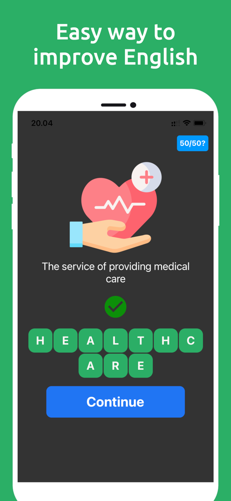 A word spelling game interface showing a correct answer for healthcare in dark mode.